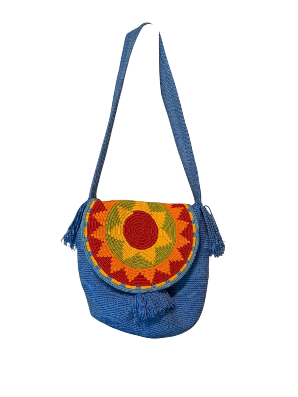 Handwoven Blue Crossbody Bag with Orange Sunburst Flap - Picture 6 of 6